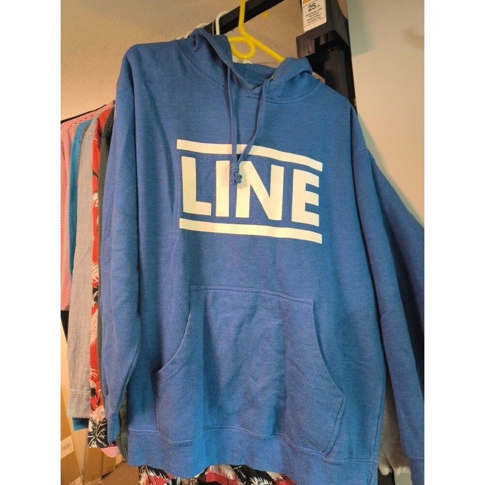 Vtg Line Skis Streetwear 1995 Hoodie Mens LBlue Graphic Pullover Ski Sweatshirt